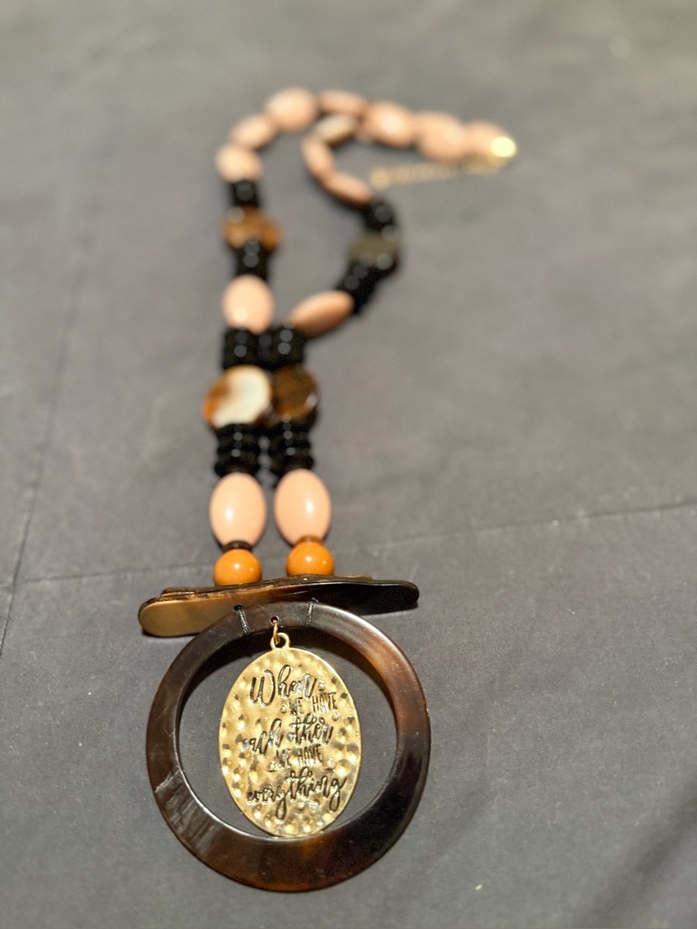 Vintage 1946 Brown, Peach & Gold Beaded Medallion Necklace